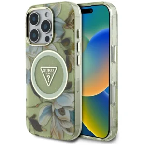 Guess Glitter Flowers Triangle Buttons MagSafe case for iPhone 16 Pro Max green