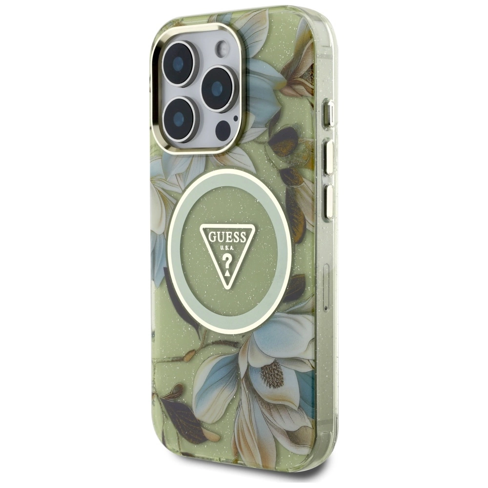 Guess Glitter Flowers Triangle Buttons MagSafe dėklas iPhone 16 Pro Max – žalias - Image 2