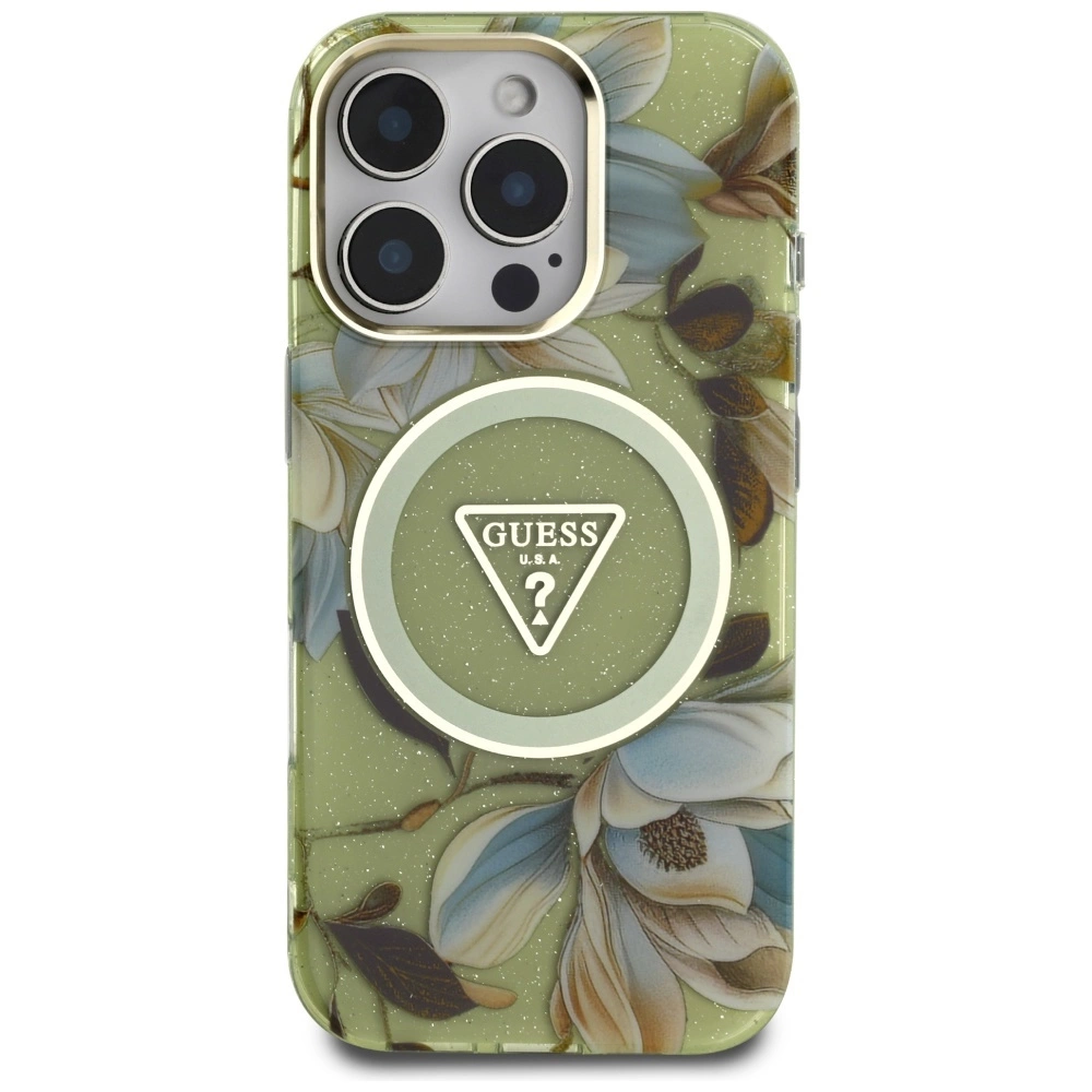 Guess Glitter Flowers Triangle Buttons MagSafe dėklas iPhone 16 Pro Max – žalias - Image 3