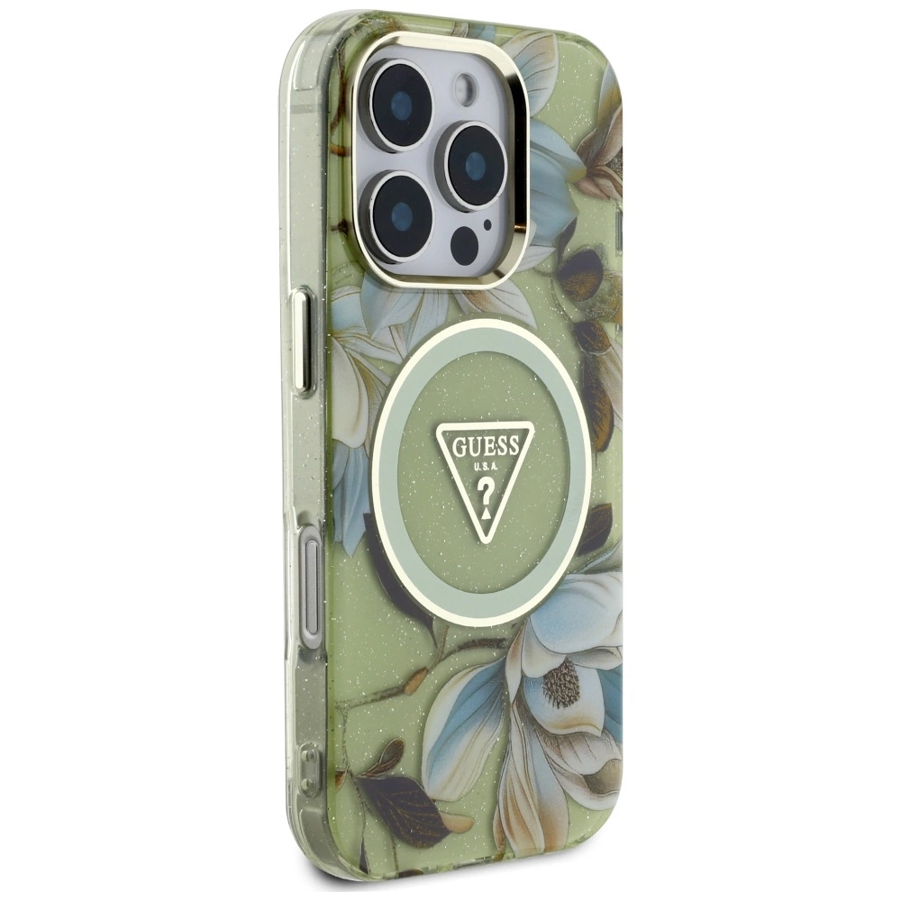 Guess Glitter Flowers Triangle Buttons MagSafe dėklas iPhone 16 Pro Max – žalias - Image 4