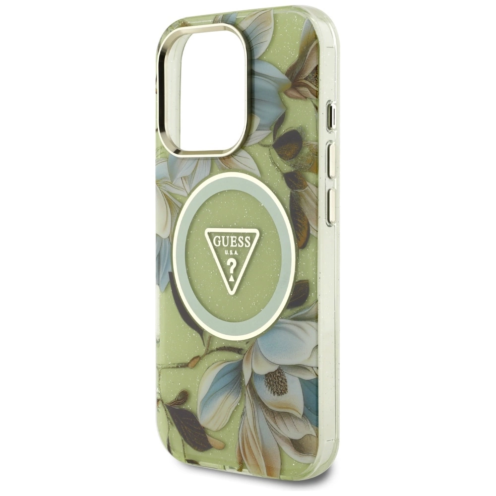 Guess Glitter Flowers Triangle Buttons MagSafe dėklas iPhone 16 Pro Max – žalias - Image 6