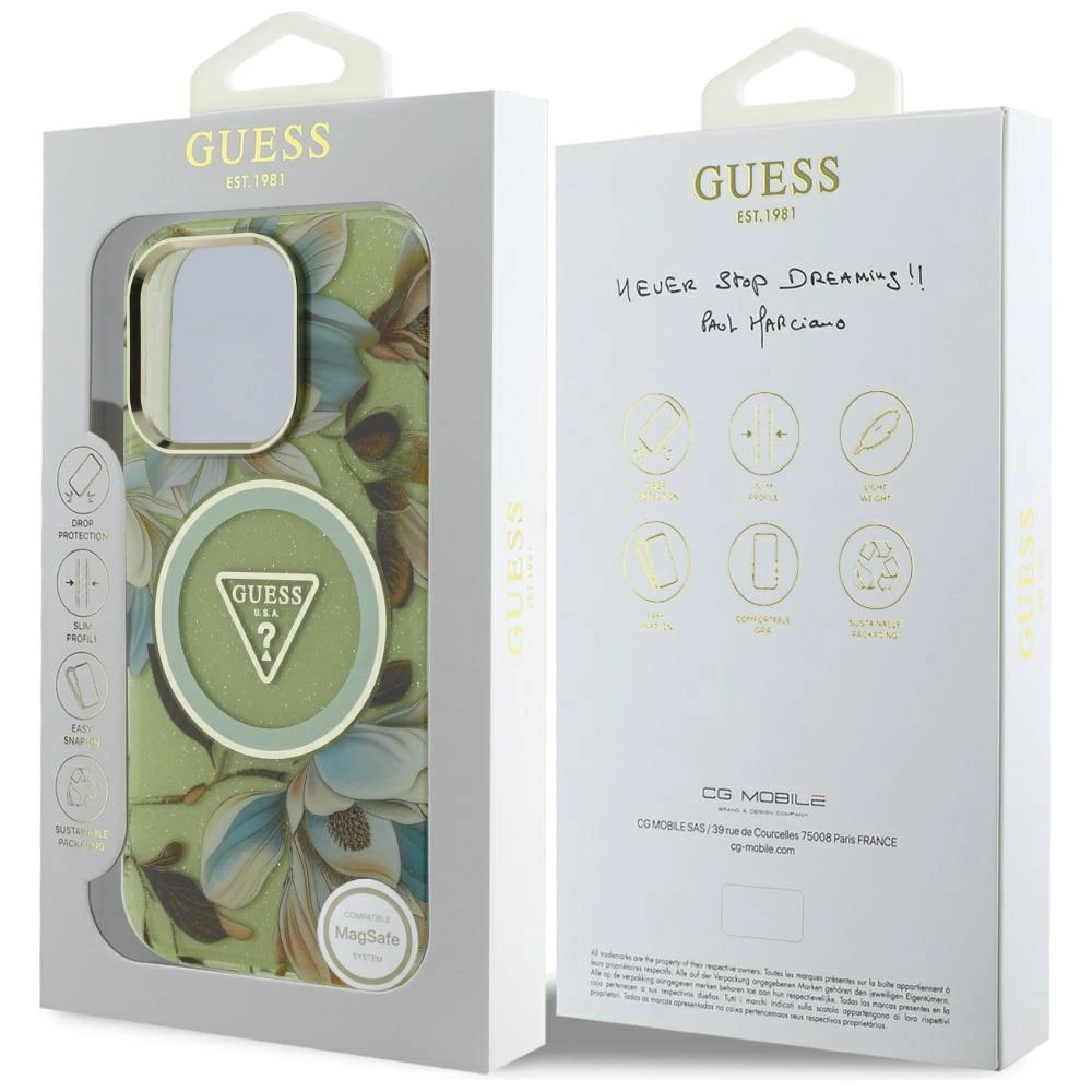 Guess Glitter Flowers Triangle Buttons MagSafe dėklas iPhone 16 Pro Max – žalias - Image 8