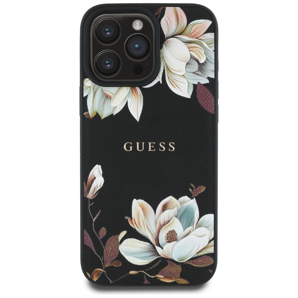Guess Grained Printed Flower Pattern MagSafe dėklas iPhone 16 Pro – juodas - Image 3