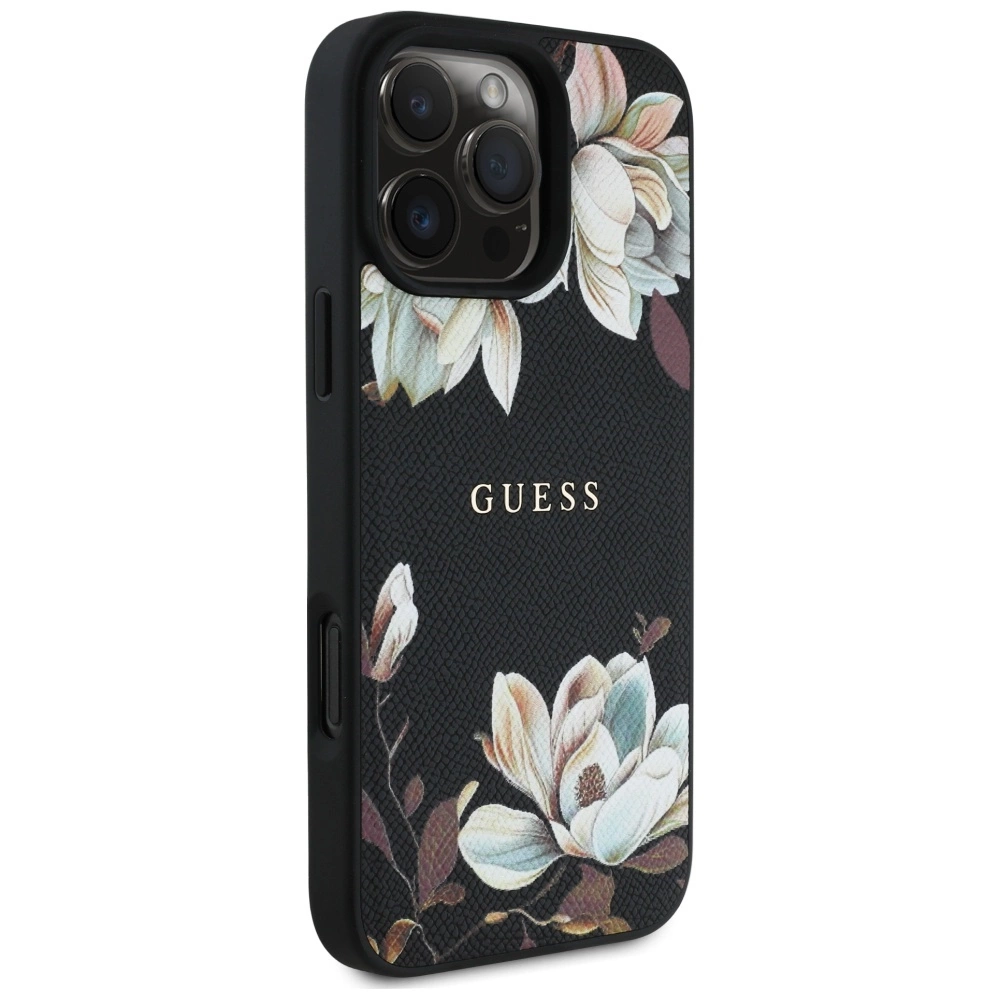 Guess Grained Printed Flower Pattern MagSafe dėklas iPhone 16 Pro – juodas - Image 4