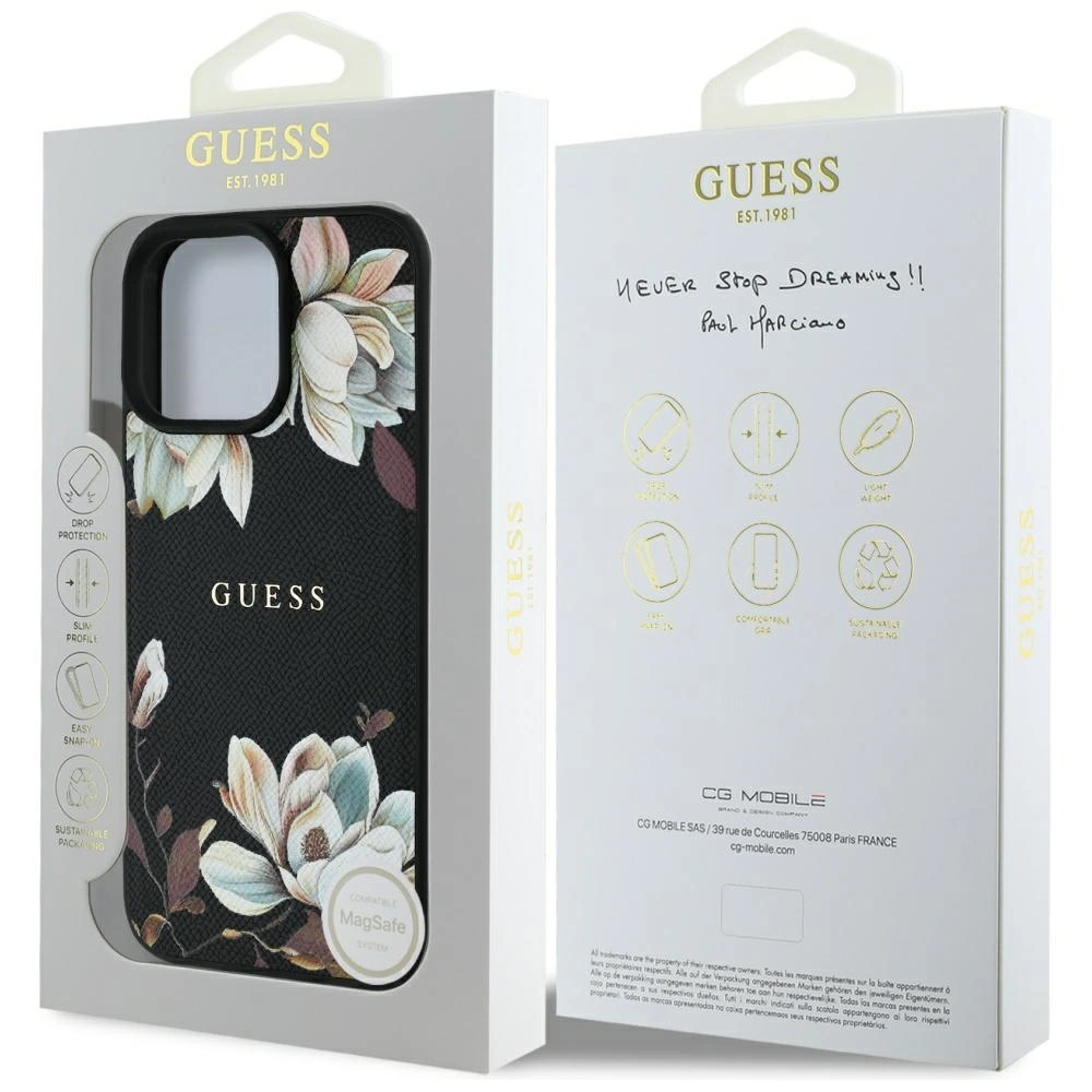 Guess Grained Printed Flower Pattern MagSafe dėklas iPhone 16 Pro – juodas - Image 8