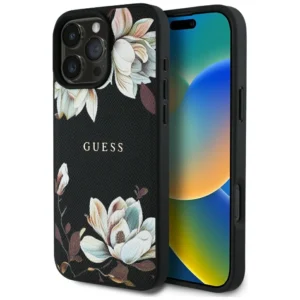 Guess Grained Printed Flower Pattern MagSafe case for iPhone 16 Pro Max black