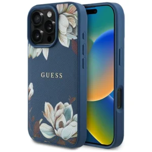 Guess Grained Printed Flower Pattern MagSafe case for iPhone 16 Pro blue