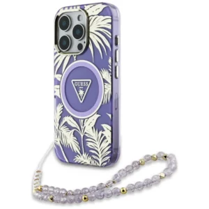 Guess Palm Trees Triangle Pearl Strap MagSafe Case for iPhone 16 Pro Max Purple