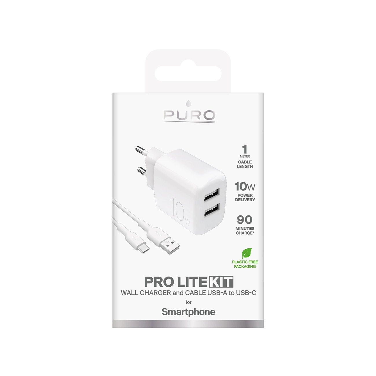 Puro PROLITE 10W 2x USB-A sieninis įkroviklis + USB-A – USB-C kabelis 1,2m – baltas - Image 2