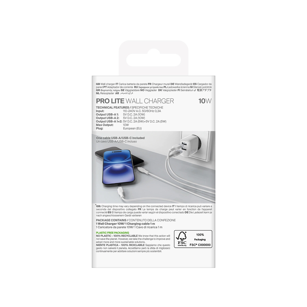 Puro PROLITE 10W 2x USB-A sieninis įkroviklis + USB-A – USB-C kabelis 1,2m – baltas - Image 3