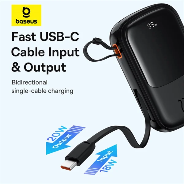Baseus Qpow Pro+ 20000mAh 22.5W išorinė baterija su integruotu USB-C laidu ir ekranu - juoda - Image 11