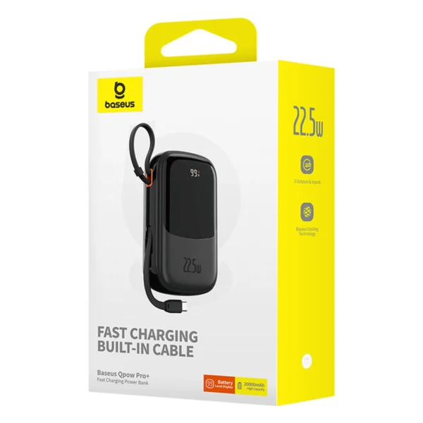 Baseus Qpow Pro+ 20000mAh 22.5W išorinė baterija su integruotu USB-C laidu ir ekranu - juoda - Image 7