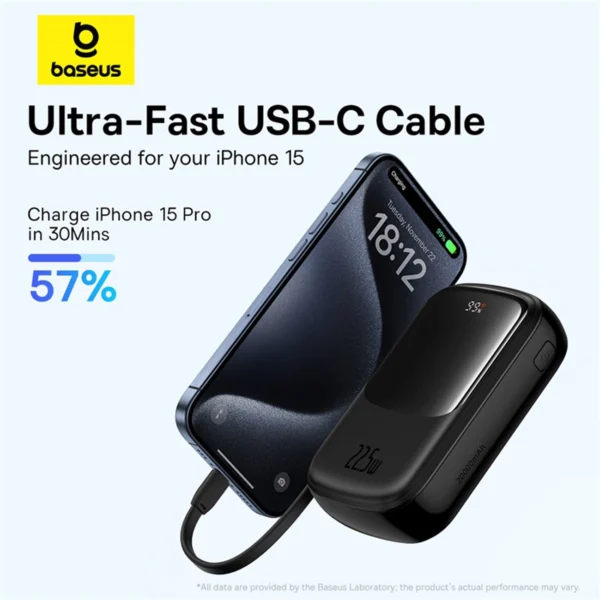 Baseus Qpow Pro+ 20000mAh 22.5W išorinė baterija su integruotu USB-C laidu ir ekranu - juoda - Image 9