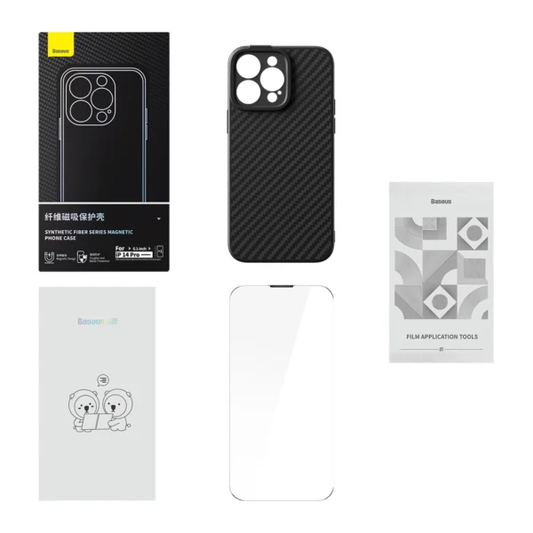 Šarvuotas dėklas iPhone 14 Pro Max suderinamas su MagSafe Baseus Synthetic Fiber grūdintas stiklas - juodas - Image 9