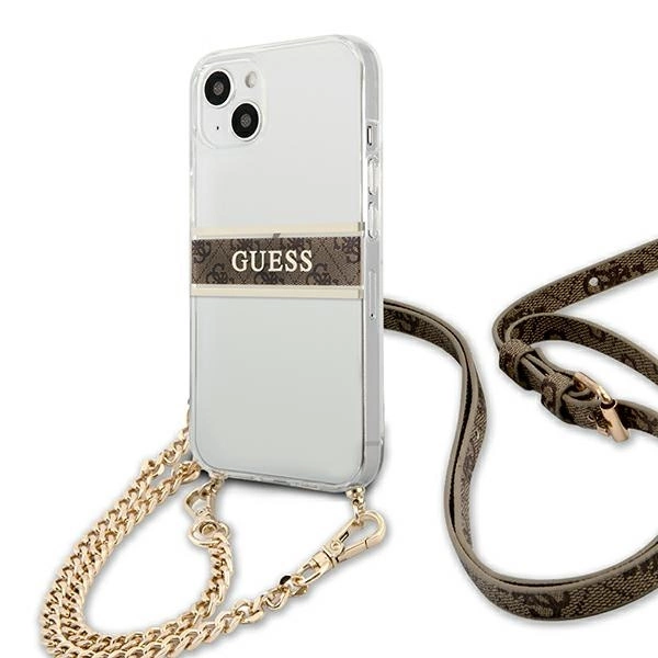 Guess GUHCP13SKC4GBGO iPhone 13 mini 5,4" permatomas kietasis dėklas 4G Brown Strap Gold Chain - Image 2