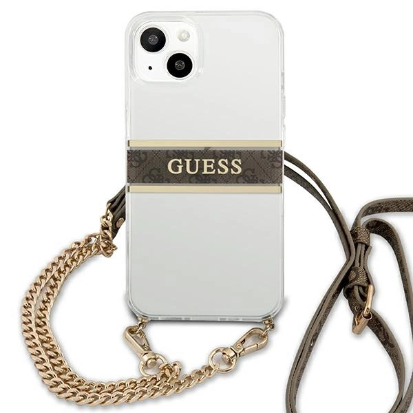 Guess GUHCP13SKC4GBGO iPhone 13 mini 5,4" permatomas kietasis dėklas 4G Brown Strap Gold Chain - Image 3