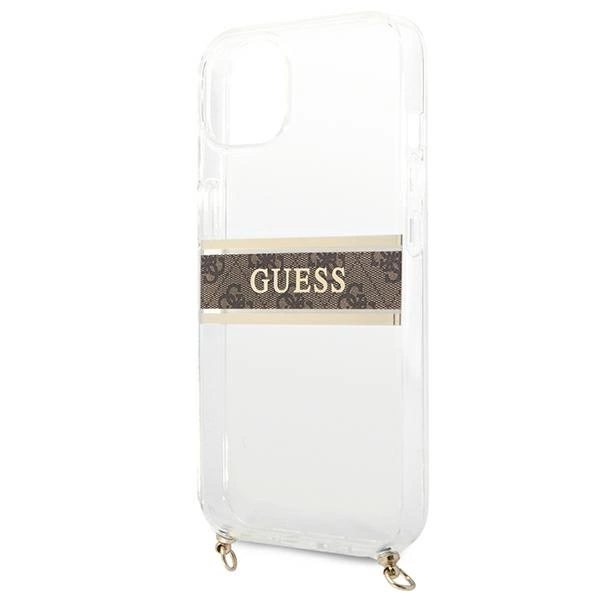 Guess GUHCP13SKC4GBGO iPhone 13 mini 5,4" permatomas kietasis dėklas 4G Brown Strap Gold Chain - Image 6