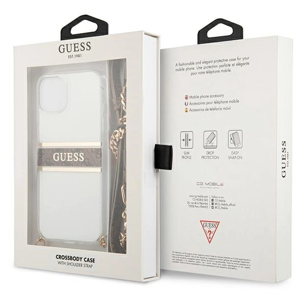 Guess GUHCP13SKC4GBGO iPhone 13 mini 5,4" permatomas kietasis dėklas 4G Brown Strap Gold Chain - Image 8