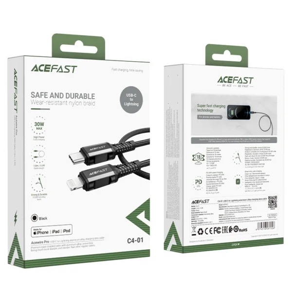 Acefast C4-01 Lightning - USB-C PD kabelis 30W 3A 480Mb/s 1,8 m - juodas - Image 5