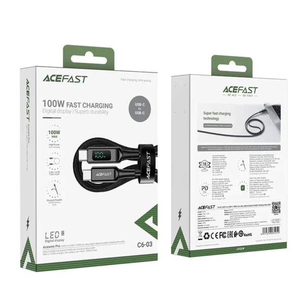 Acefast C6-03 juodas USB-C - USB-C PD QC kabelis 100W 5A 480Mb/s 2 m - juodas - Image 5