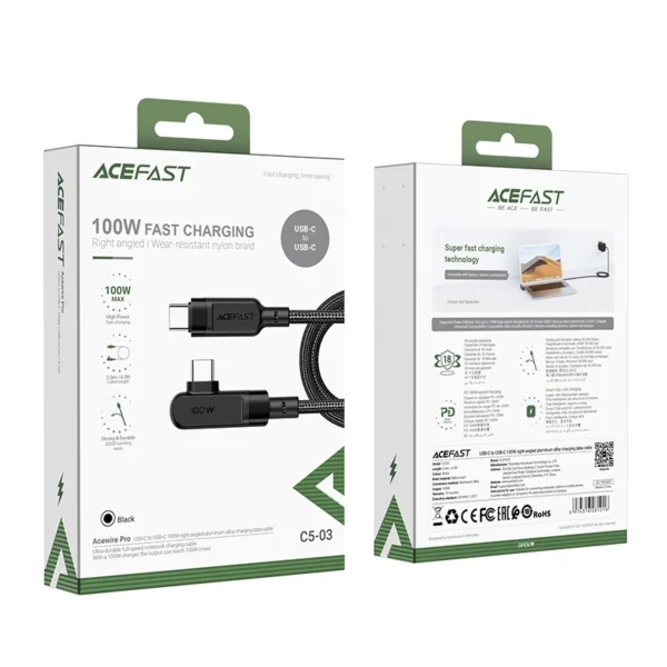 Acefast C5-03 juodas USB-C - USB-C PD QC kabelis 100W 5A 480Mb/s 2 m - juodas - Image 5