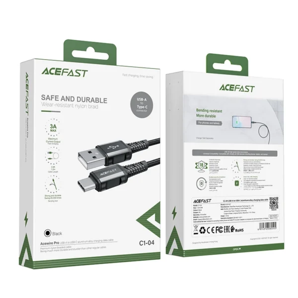 Acefast USB kabelis - USB Type-C 1,2 m, 3A juodas (C1-04 black) - Image 5