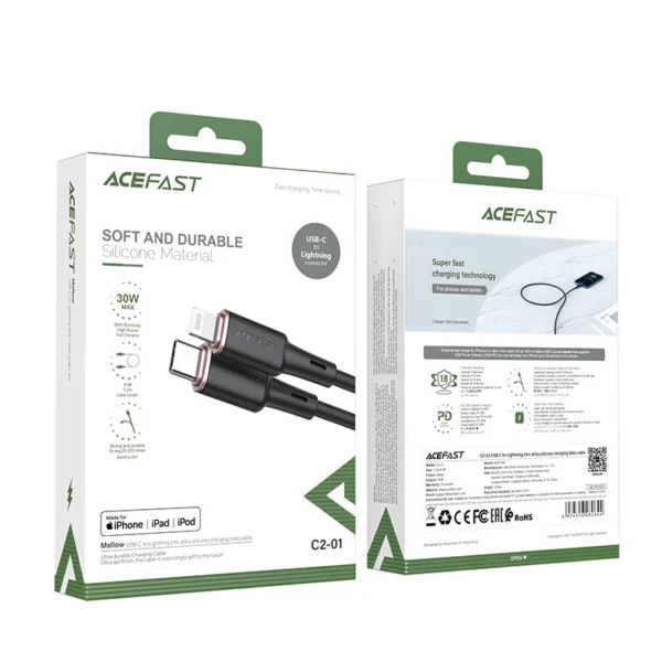 Acefast kabelis MFI USB Type-C - Lightning 1,2 m, 30W, 3A juodas (C2-01 black) - Image 5