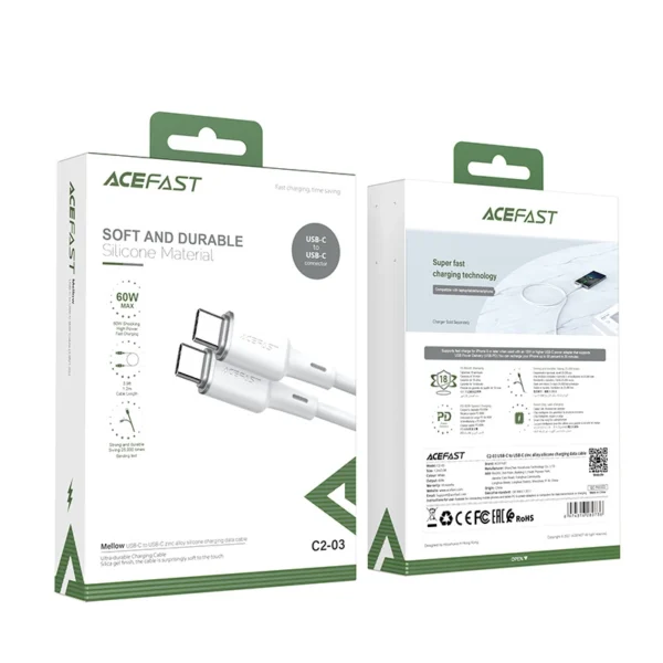 Acefast C2-03-CC USB-C - USB-C PD QC kabelis 60W 3A 480Mb/s 1,2 m - baltas - Image 5