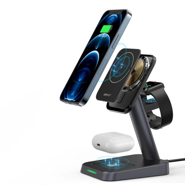 Acefast Qi belaidis įkroviklis 15W iPhone (su MagSafe), Apple Watch ir Apple AirPods stovui, magnetinis laikiklis juodas (E3 black) - Image 17