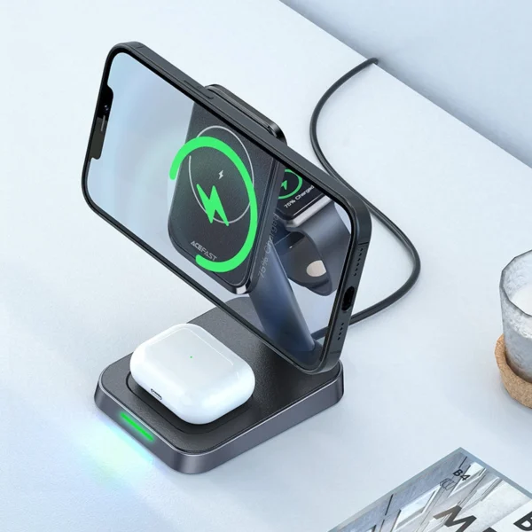 Acefast Qi belaidis įkroviklis 15W iPhone (su MagSafe), Apple Watch ir Apple AirPods stovui, magnetinis laikiklis juodas (E3 black) - Image 6