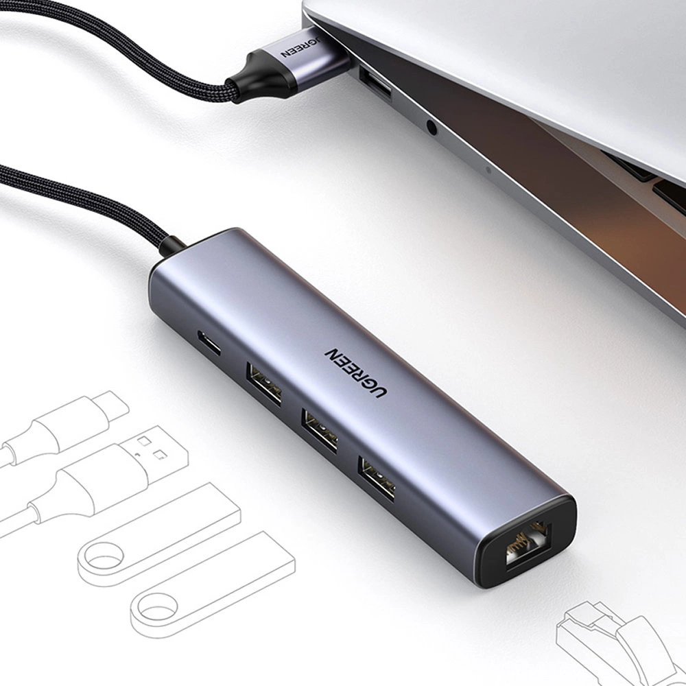 Ugreen daugiafunkcis adapteris HUB USB 3.0 – 3 x USB / Ethernet RJ-45 / USB Type C PD pilkas (CM475) - Image 2