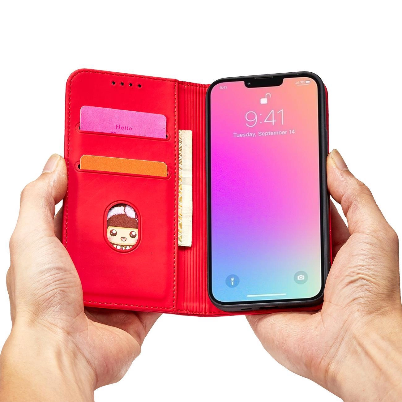 Magnetinis kortelių dėklas iPhone 13 Pro Max dėklas su kortelių laikikliu raudonas - Image 11