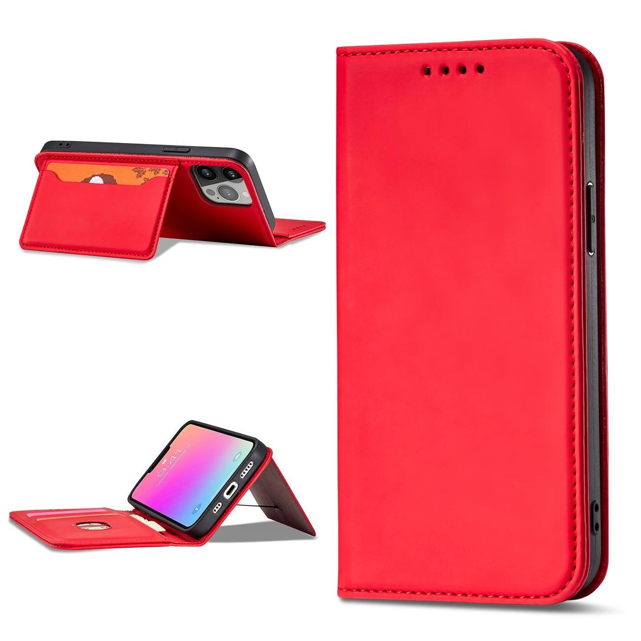 Magnetinis kortelių dėklas iPhone 13 Pro Max dėklas su kortelių laikikliu raudonas - Image 13