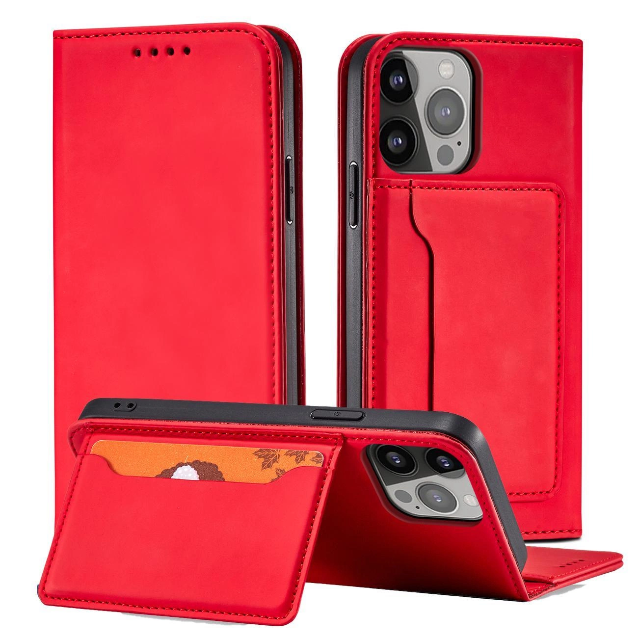 Magnetinis kortelių dėklas iPhone 13 Pro Max dėklas su kortelių laikikliu raudonas - Image 2