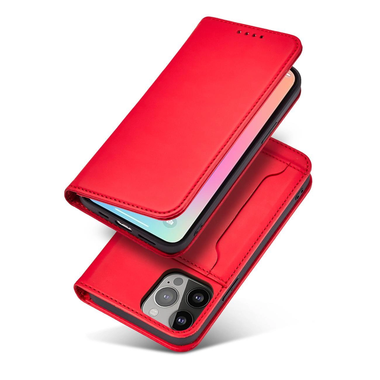 Magnetinis kortelių dėklas iPhone 13 Pro Max dėklas su kortelių laikikliu raudonas - Image 3