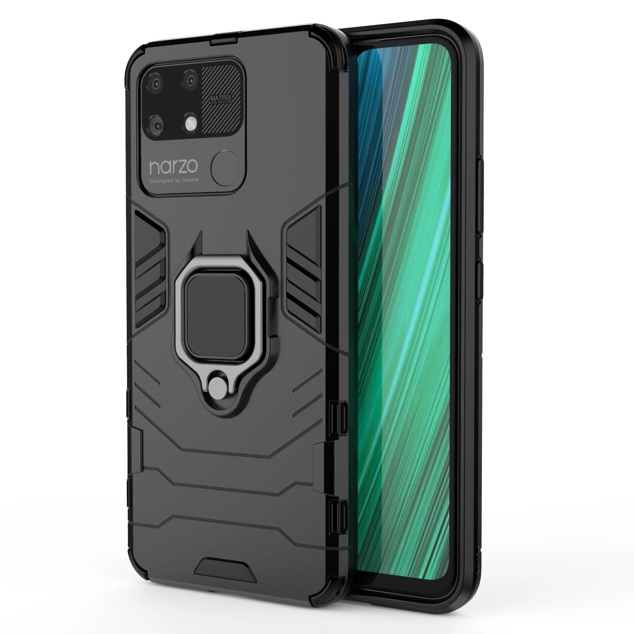 Ring Armor tvirtas hibridinis dėklas + magnetinis laikiklis Realme Narzo 50A juodas - Image 13