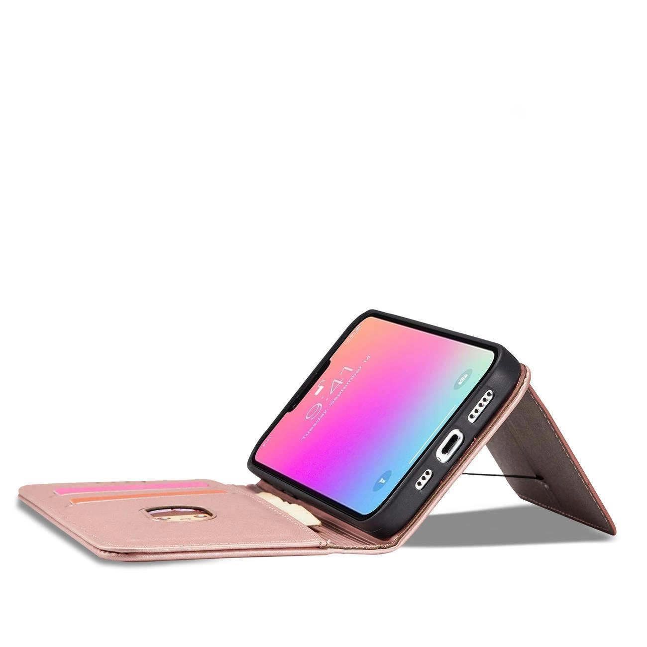 Magnet Card dėklas iPhone 14 Plus, atverčiamas, su kortelių laikikliu ir stovo funkcija, rožinis - Image 11