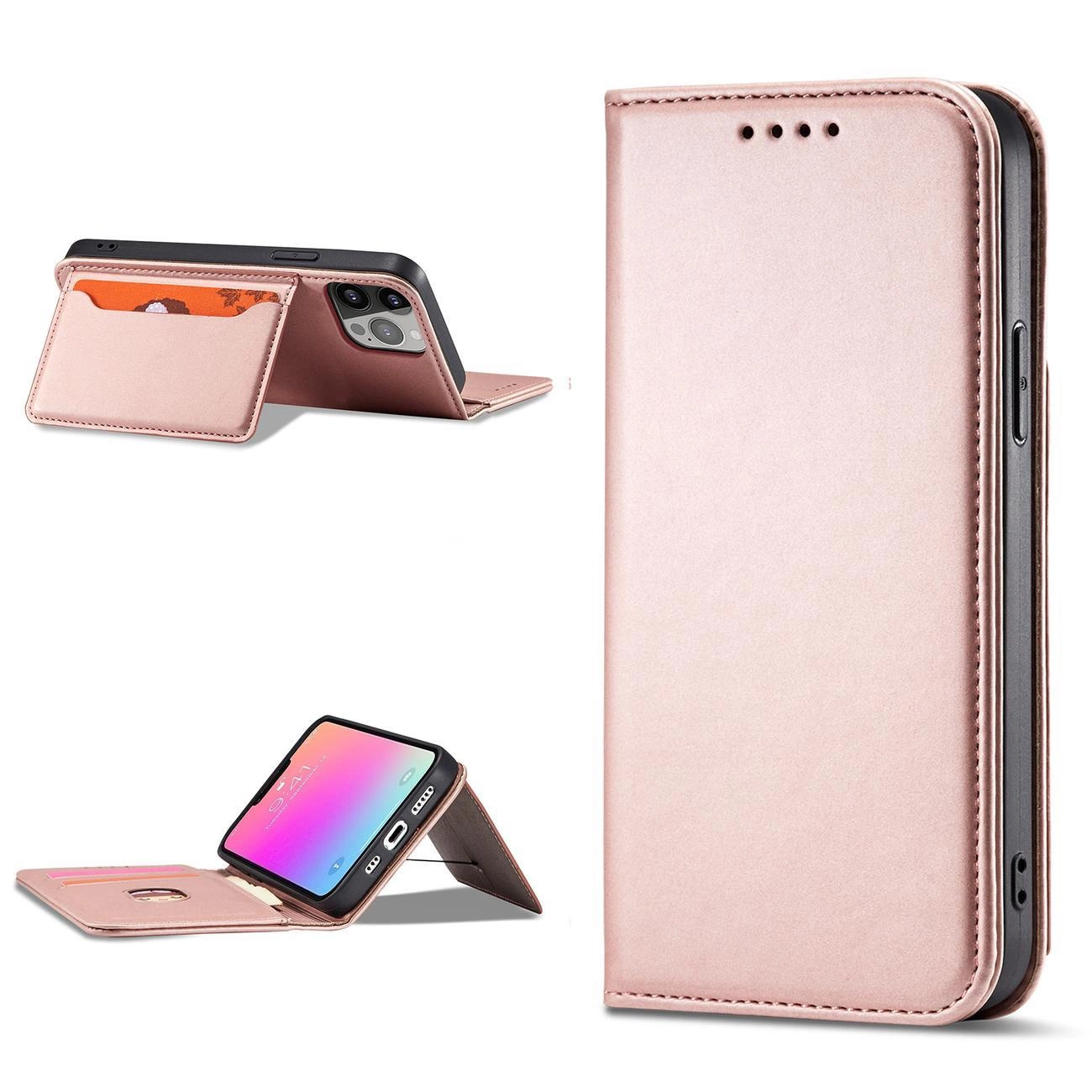 Magnet Card dėklas iPhone 14 Plus, atverčiamas, su kortelių laikikliu ir stovo funkcija, rožinis - Image 13