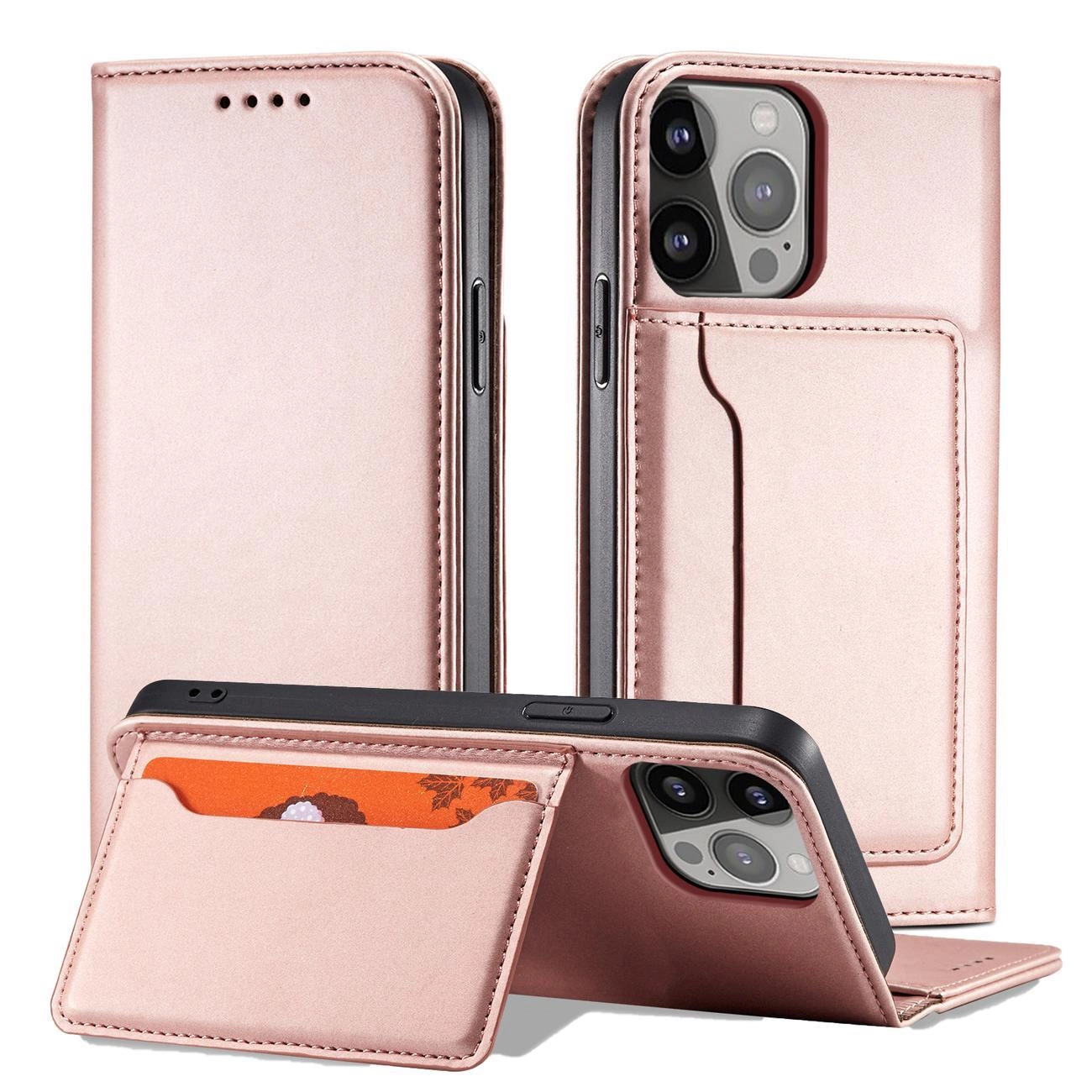 Magnet Card dėklas iPhone 14 Plus, atverčiamas, su kortelių laikikliu ir stovo funkcija, rožinis - Image 5