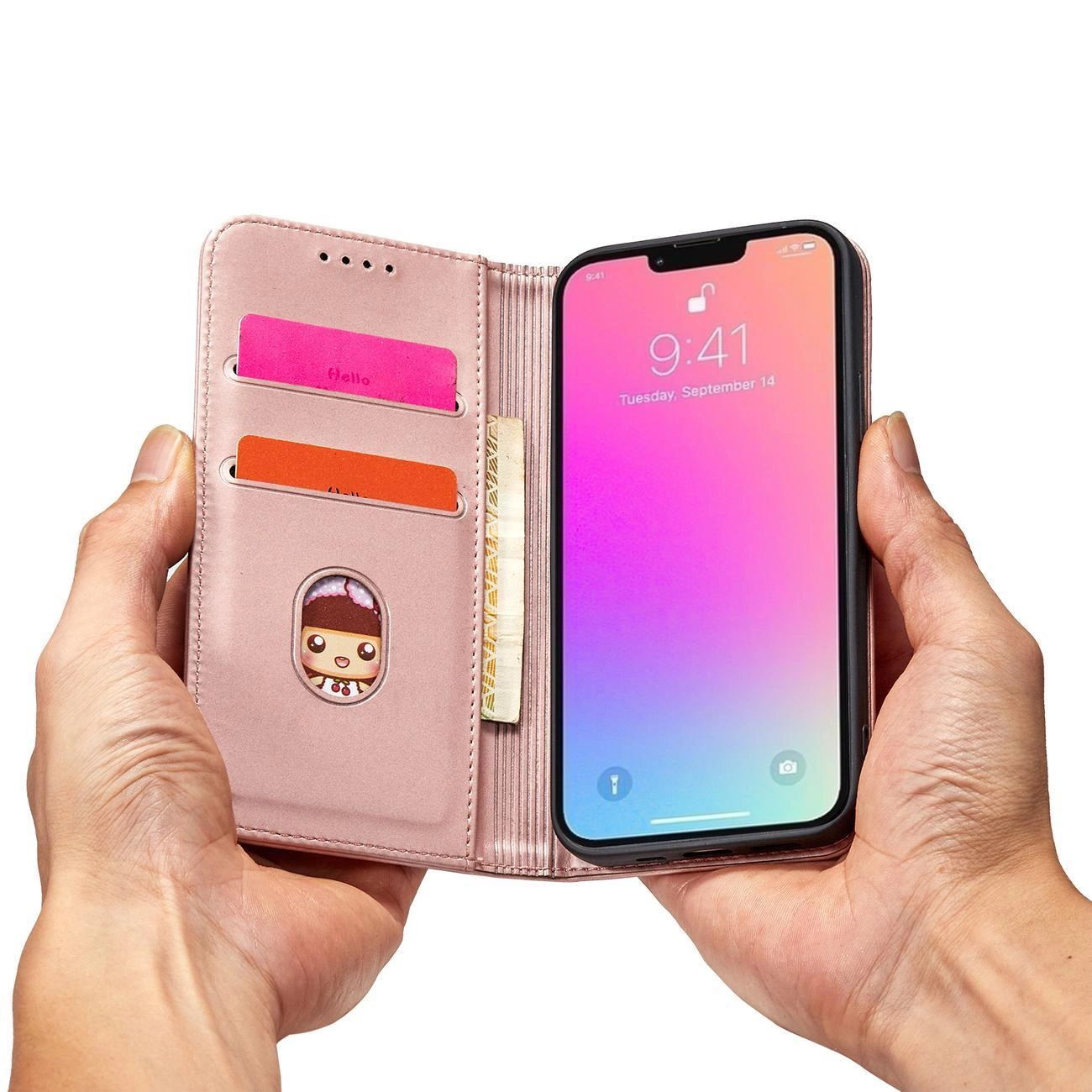 Magnet Card dėklas iPhone 14 Plus, atverčiamas, su kortelių laikikliu ir stovo funkcija, rožinis - Image 8