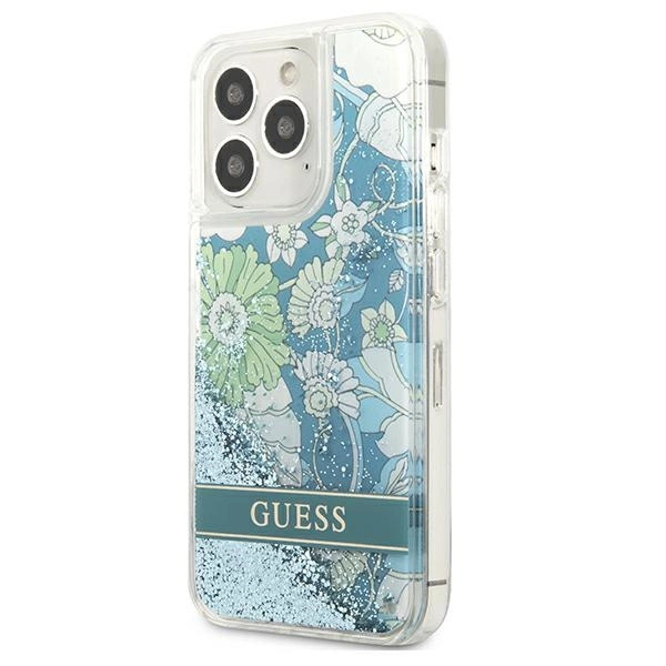 Guess GUHCP13LLFLSN iPhone 13 Pro / 13 6.1" žalias/kietas dėklas Flower Liquid Glitter - Image 2