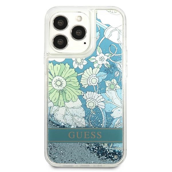 Guess GUHCP13LLFLSN iPhone 13 Pro / 13 6.1" žalias/kietas dėklas Flower Liquid Glitter - Image 3
