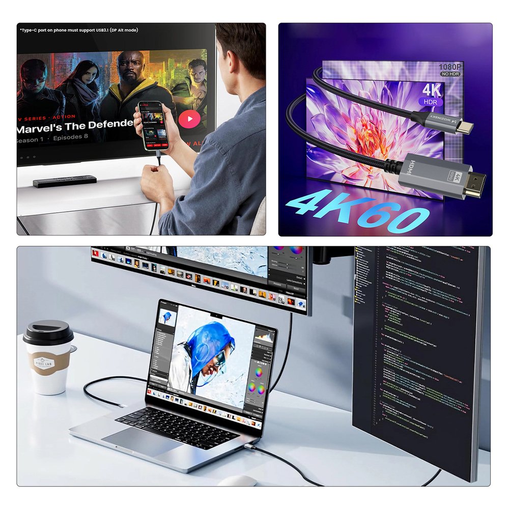 Wozinsky WCCH-01 USB-C – HDMI 4K 60Hz kabelis 1,8 m – juodas - Image 3