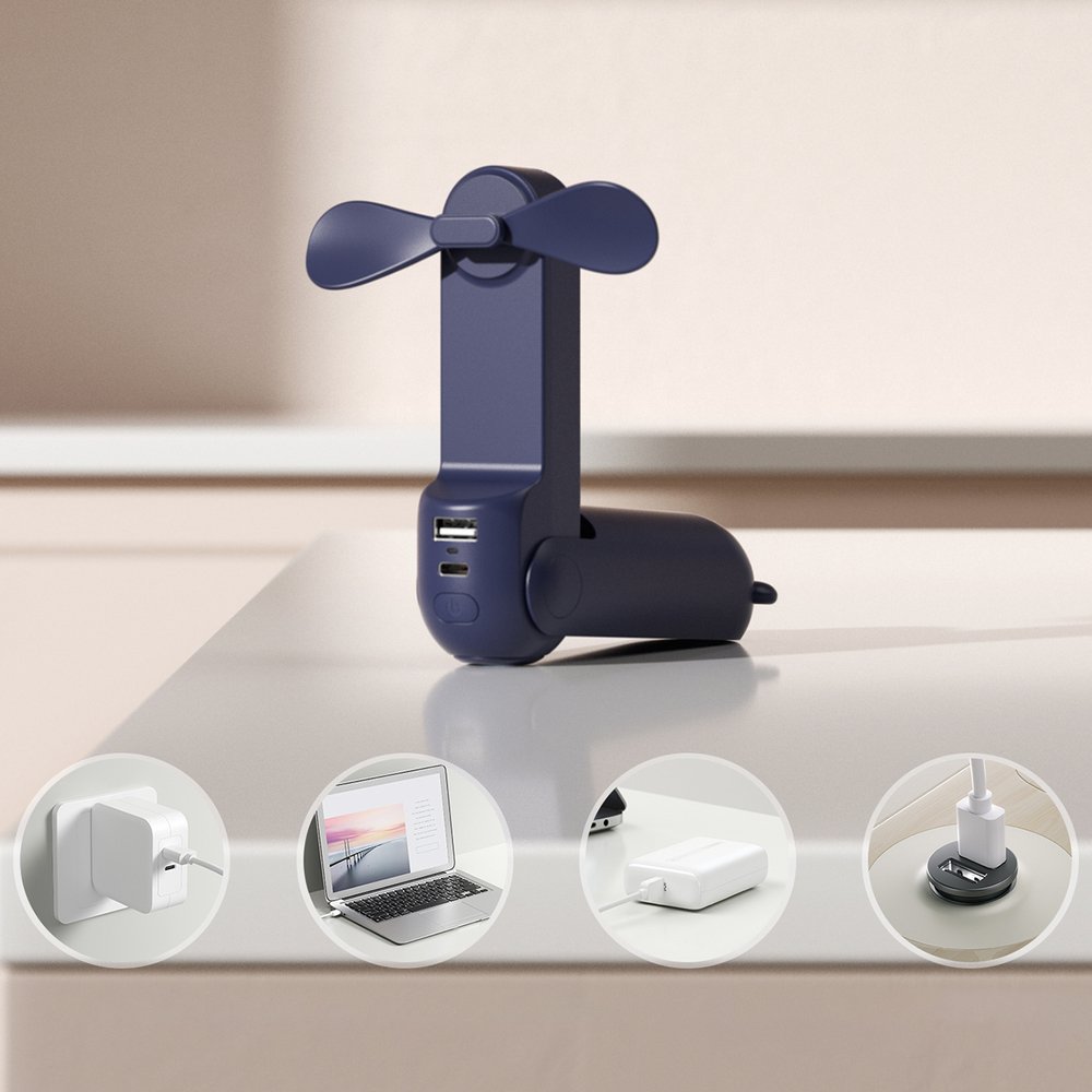 Jisulife Life8 Mini nešiojamas rankinis USB ventiliatorius su išorinės baterijos funkcija 2000 mAh ir žibintuvėliu – mėlynas - Image 2