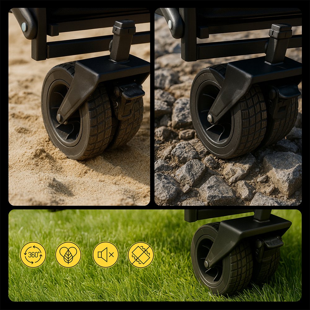 Wozinsky WZP-100 paplūdimio, turistinis, sodo vežimėlis, tvirtas, su plačiais ratais, apsauginiu tinklu, iki 100 kg – juodas - Image 10