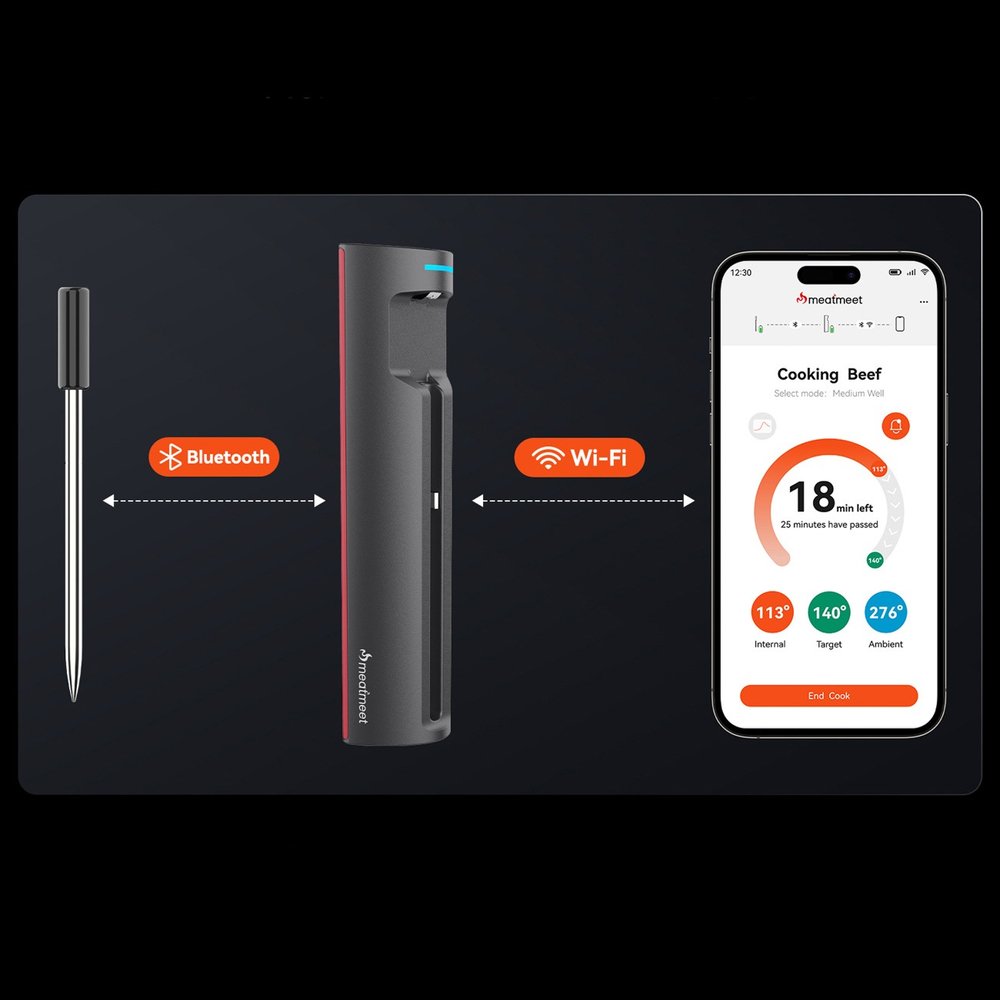 Meatmeet Pro išmanus virtuvės termometras su Bluetooth / WiFi programėle griliui, orkaitei ir rūkyklai – juodas - Image 6