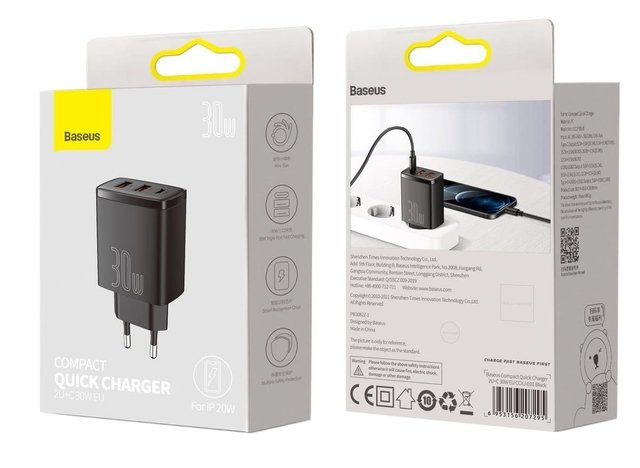 Greitasis įkroviklis Baseus Compact, 2xUSB, USB-C, PD, 3A, 30W (juodas) - Image 6