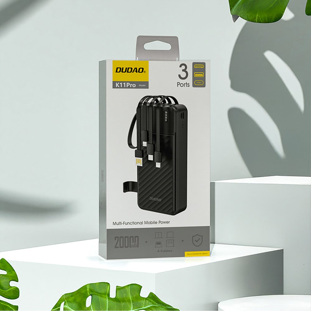 Dudao K11 Pro 20000 mAh išorinė baterija su integruotais kabeliais – juoda - Image 4