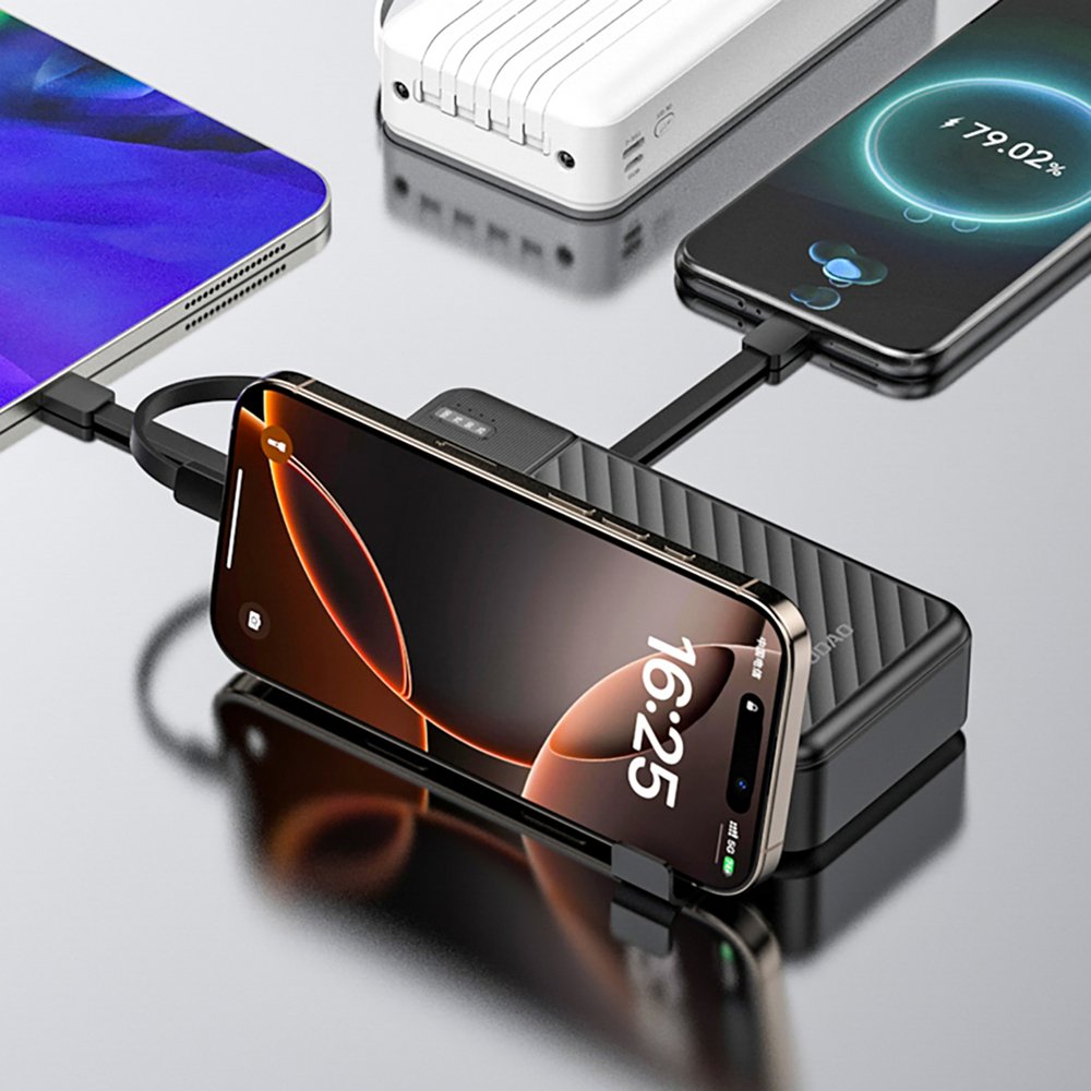 Dudao K11 Pro 20000 mAh išorinė baterija su integruotais kabeliais – juoda