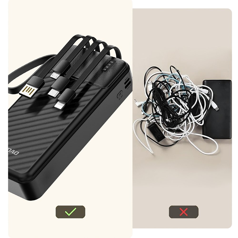 Dudao K11 Pro 20000 mAh išorinė baterija su integruotais kabeliais – juoda